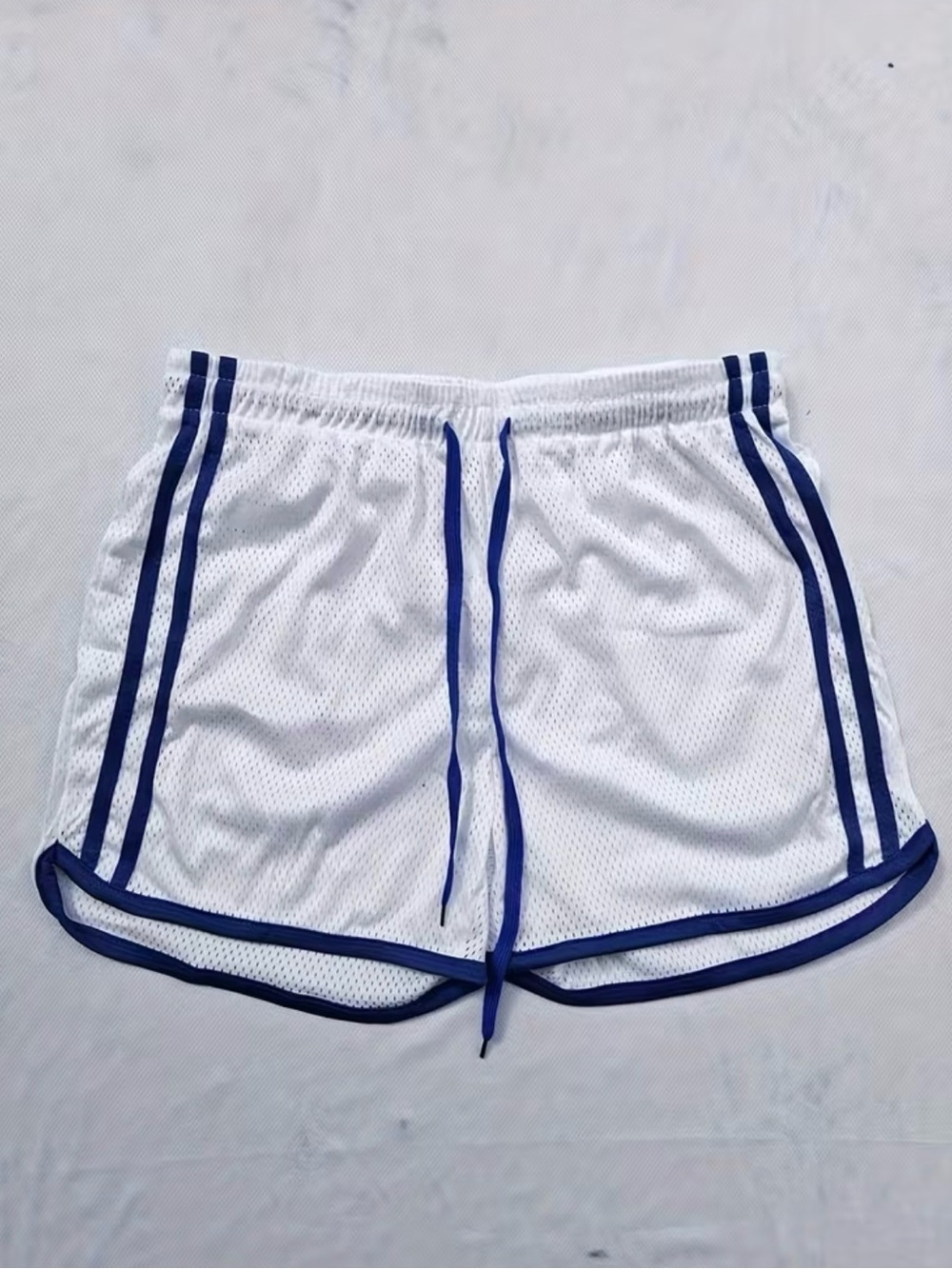 Men's White Athletic Mesh Shorts with Blue Trim